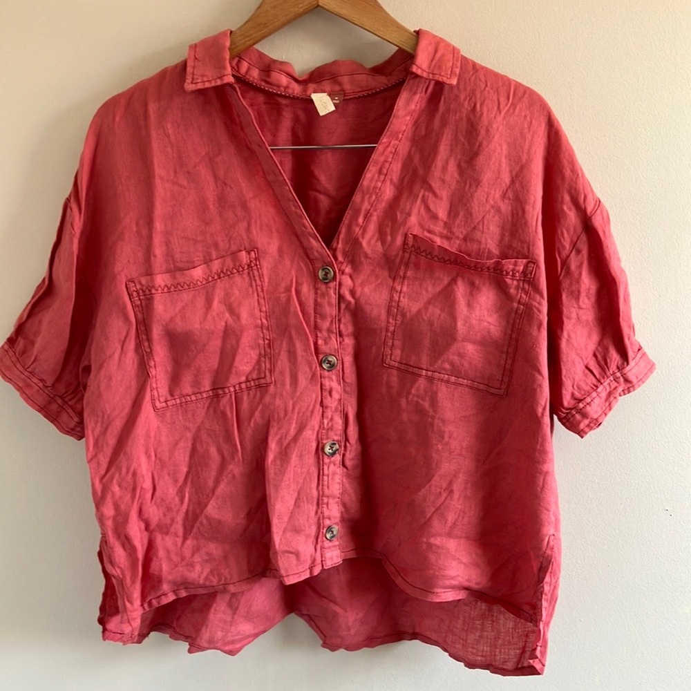 Pilcro Anthropologie linen short sleeve button down shirt size Medium